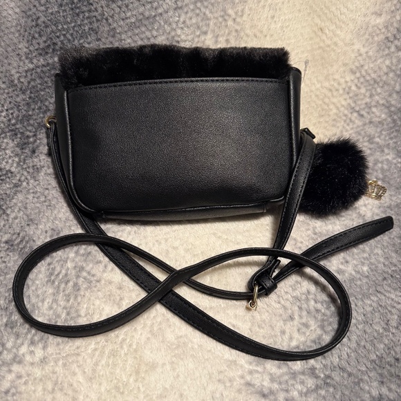 Juicy Couture Black Faux Fur Licorice Flap Crossbody with Pom Pom & Crown Charm - Picture 2 of 9